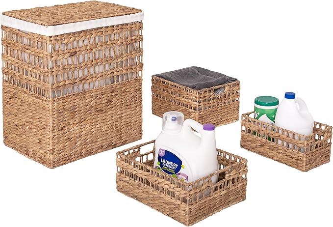 Seville Classics Premium Natural Handwoven Portable Laundry Bin Basket with Carrying Handles, Household Storage for Clothes, Linens, Sheets, Rattan, 3-Piece Hamper Set