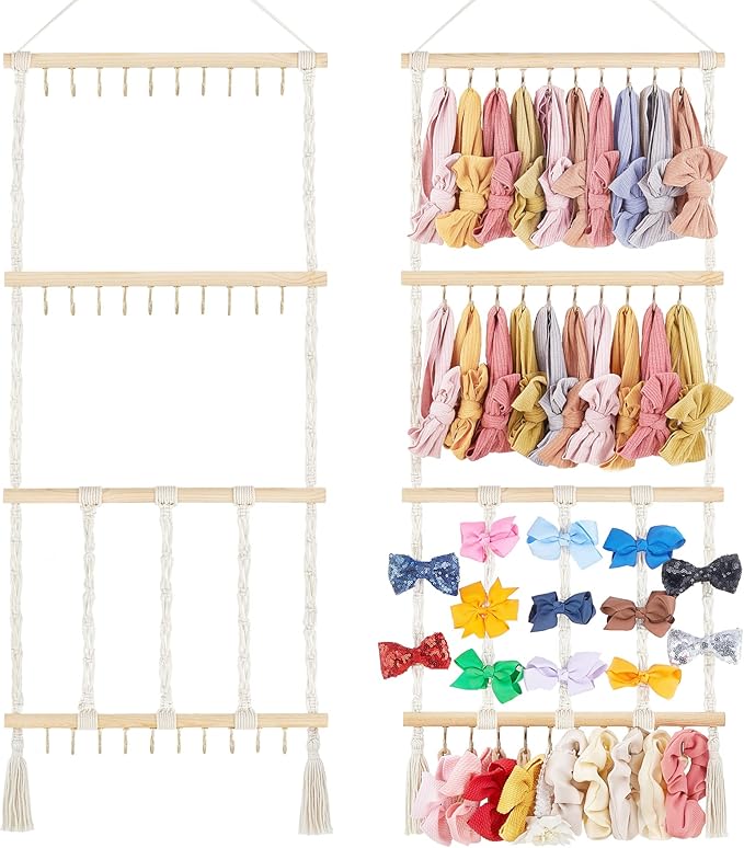 Dahey Headband Holder Bow Hanger for Girls Hair Bows, Macrame Headbands Hair Accessories Hanger Necklace Display with 30 Hooks Wall Hanging Over Door Organizer Boho Nursery Decor for Baby's Room
