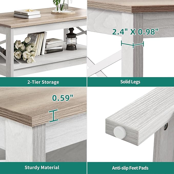 YITAHOME Coffee Tables for Living Room, Modern Farmhouse Coffee Table with Storage, 2-Tier Center Table Wood Living Room Table Accent Cocktail with Sturdy Frame, Grey Wash
