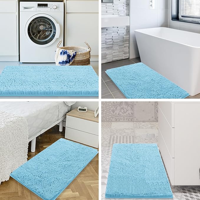 Smiry Luxury Chenille Bathroom Rugs 40x32, Extra Soft and Absorbent Shaggy Bath Mat, Machine Washable, Non-Slip Plush Carpet Runner for Tub, Shower, and Floor, Home Decor Accessories, Sky Blue