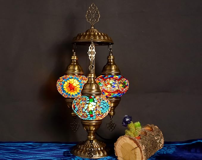 mozaist Tiffany Style Turkish Stained Glass Table Lamp, 3 Globe Mosaic Moroccan Desk Light, Bohemian Vintage Bedroom Nightstand, Antique Handmade Rustic Decor Colorful Lighting (Cappadocia Balloon)