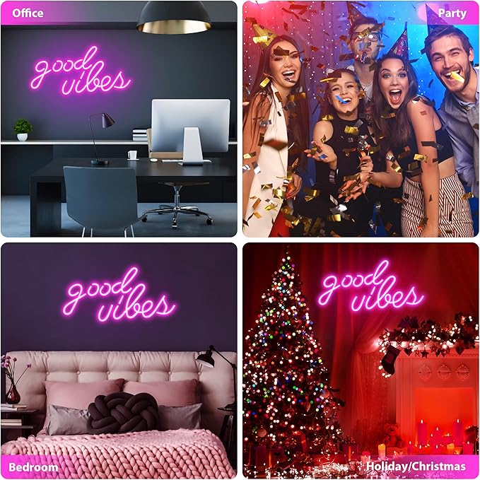 Pink Good Vibes Neon Sign - Neon Lights for Bedroom, LED Neon Signs for Wall Decor (16.1 x 8.3 inch)