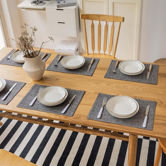 Demetex Grey Linen Placemats Set of 8 Stain Resistant Fabric Place Mats Classic Plate Mats for Kitchen Dining Table Decor, 13x19 inch, Dark Grey