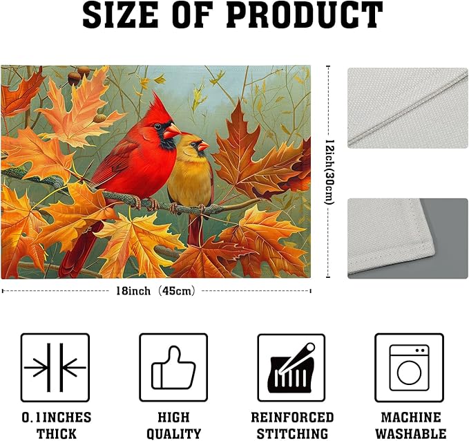 Giwawa Fall Birds Placemats Set of 4, 12"x18" Autumn Trees Maple Leaves Chestnuts Table Mats, Thanksgiving Harvest Heat Resistant Washable Linen Place Mat for Kitchen Dining Holiday Party Decor