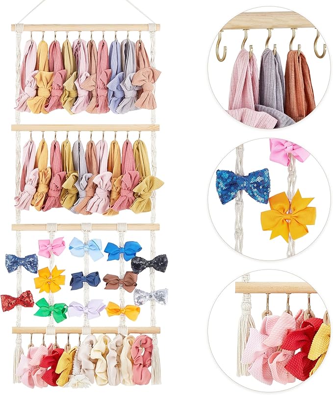 Dahey Headband Holder Bow Hanger for Girls Hair Bows, Macrame Headbands Hair Accessories Hanger Necklace Display with 30 Hooks Wall Hanging Over Door Organizer Boho Nursery Decor for Baby's Room