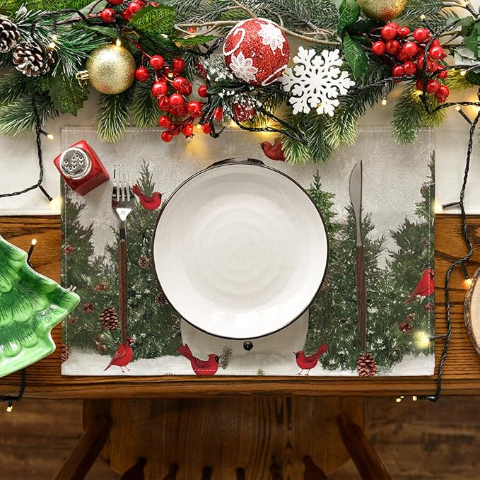 Artoid Mode Snowman Birds Trees Christmas Placemats Set of 8, 12x18 Inch Seasonal Grey Winter Holiday Table Mats for Party Kitchen Dining Decoration