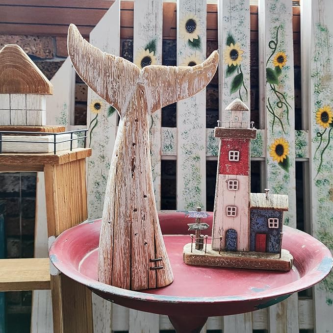 Linfevisi Wooden Whale Tail Decor Tabletop Nautical Decor Solid Wood Whales Tail Statue Sculpture Standing Coastal Decor Beach Figurines for House Sea Decor for Bathroom Ocean Theme Home Decor 13.6" H