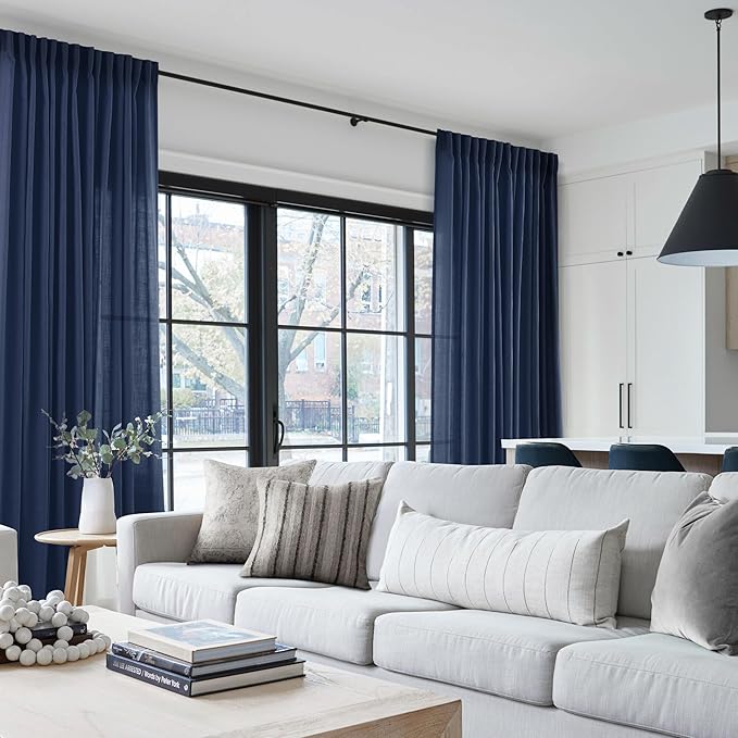 Navy Blue Curtains 108 inch Length for Bedroom Back Tab Light Filtering Semi Sheer Blue Living Room Curtains Linen Cotton Textured Indigo Blue Drapery Panel Modern Farmhouse Aesthetic Decor Dark Blue