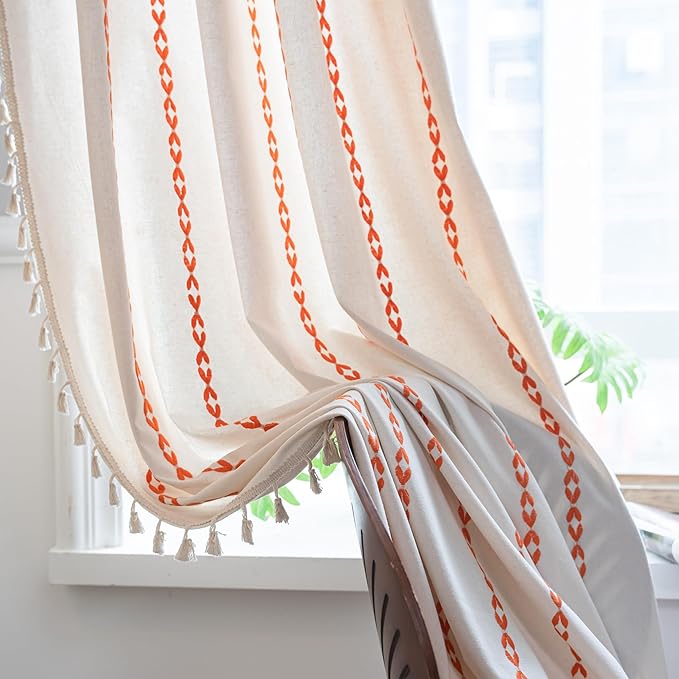 Sutuo Home Boho Curtains 84 inches for Bedroom Living Room, Semi Blackout Embroidery Window Bohemian Tassels Drape for Fall Halloween Decor, Rod Pocket 1 Panel 52" W x 84" L, White and Orange