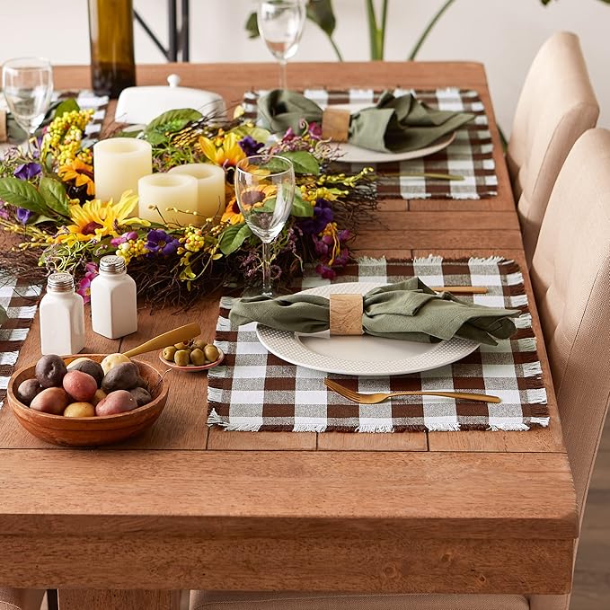 DII Heavyweight Fringed Check Tabletop Collection, Placemat Set, 13x19, Bark Brown, 6 Piece