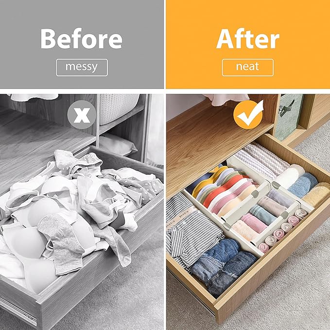 JONYJ Drawer Dividers Organizer 6 Pack, Adjustable Separators 4" High Expandable from 11-17" for Bedroom, Bathroom, Closet, Clothing, Office, Strong Secure Hold, Foam Ends, Locks in Place