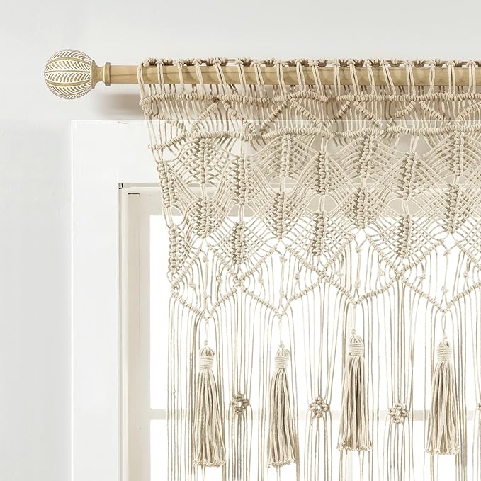 Lush Decor Boho Macrame Tassel Cotton Valance/Kitchen Curtain/Wall Decor, 30" L x 40" W, Neutral