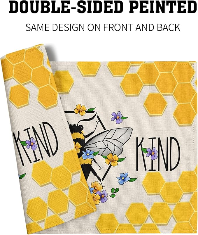 Giwawa Bee Kind Placemats Set of 4-12"x18" Summer Bees Floral Linen Place Mat- Yellow Honeycomb Washable Heat Resistant Table Mats for Kitchen Dining Party Tabletop Picnic Decoration