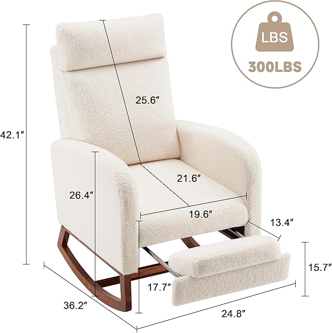 Rocking Chair Nursery Chair with Foot Rest, Nursery Rocking Chairs with High Back, Glider Rocking Chair with Pocket, Baby Nursery Glider Rocker, Nursing Chair Accent Living Room (Teddy, Ivory)