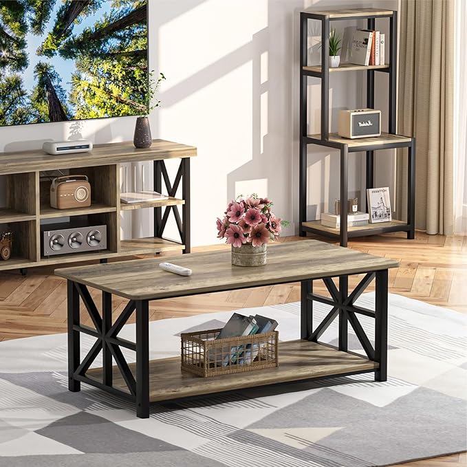 GreenForest Coffee Table for Living Room with Round Corners Farmhouse Style Center Table with Storage Shelf 39 Inch Space Saving Easy Assembly Gray Wash