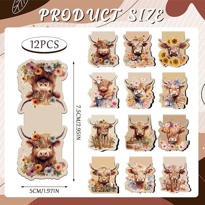 Highland Cow Magnetic Bookmark Gifts - Wxiben 12 Pcs Cow Print Book Marks Magnets Animal Magnetic Bookmarks Sunflower Cattle Bookmark Page Clip Gift for Book Lovers Teens Students Teacher Reading