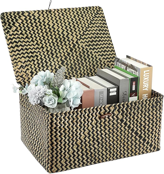 Hipiwe Wicker Shelf Baskets Bin with Lid, Handwoven Seagrass Basket Storage Bins Rectangular Household Basket Boxes for Shelf Wardrobe Home Organizer, Black,X-Large