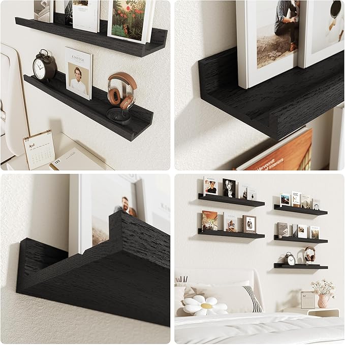 Floating Shelves Wall Mounted Set of 2, Modern Black Wall Shelves for Storage with Lip, Display Picture Ledge Shelf for Bedroom Kitchen Bathroom Living Room Nursery Display