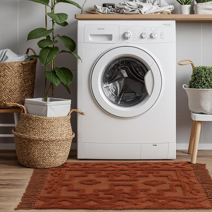 Uphome Boho Bathroom Runner Rug 2' x 4.3', Washable Woven Cotton Bedroom Runners, Terracotta Aesthetic Tufted Entryway Runner Rugs, Bohemian Tribal Throw Rug for Bedside Living Room Laundry Kitchen