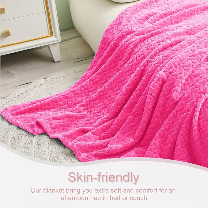Exclusivo Mezcla Hot Pink Fleece Throw Blanket for Couch and Bed, 50x70 Inches Soft Cozy Jacquard Flannel Blankets, Lightweight Fuzzy Plush Warm Throws for All Seasons