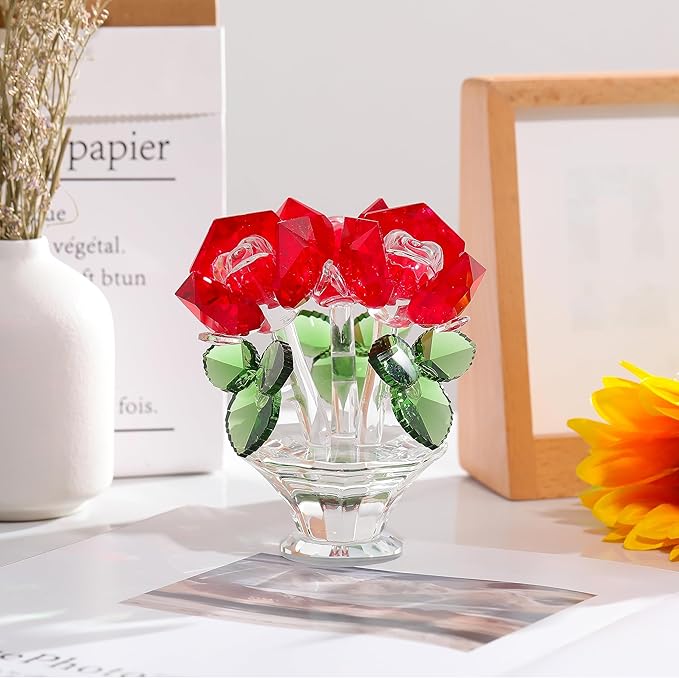 Red Rose Flower Crystal Figurine with Vase, Handmade Bouquet Flowers Gifts for Wife Girlfriend Women Ornament , Crystal Flower Collectible Home Table Decor for Valentine's Day Wedding Anniversary