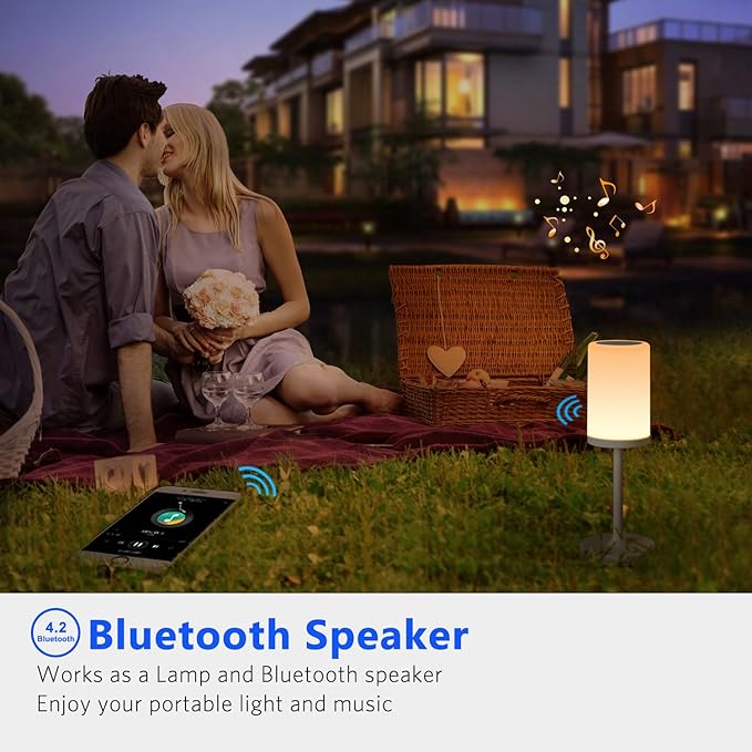 Marrado Bluetooth Speakers + Bedside Lamp, Night Light, Smart Touch Control Table Lamp for Bedroom Living Room, Portable Rechargeable LED Desk Lamp, Dimmable Warm White & Color Changing