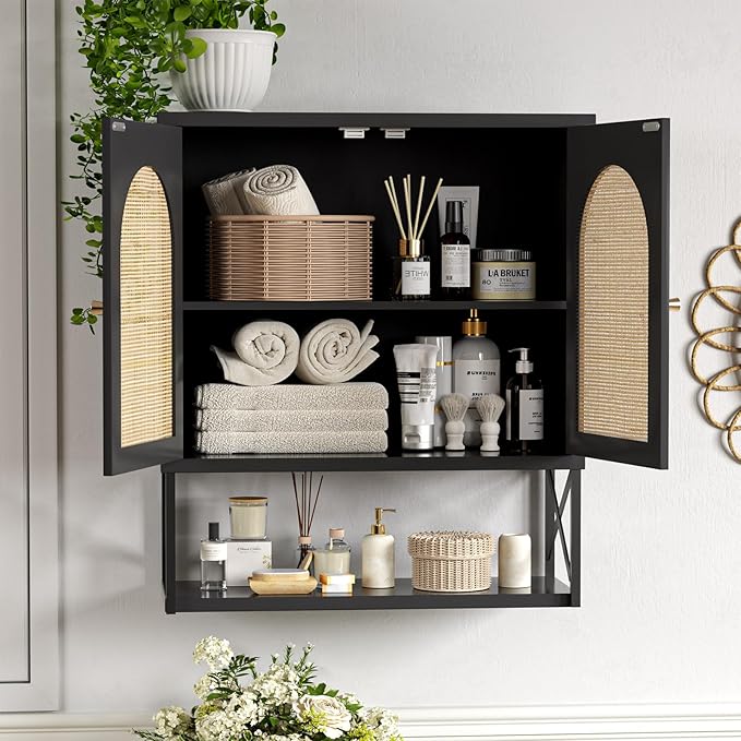 Rattan Bathroom Wall Cabinet, Boho Medicine Wall Cabinet with Double Doors and Adjustable Shelves, Tall Kitchen Wall Mounted Storage Cabinet, Floating Space Saver Over Toilet, Black
