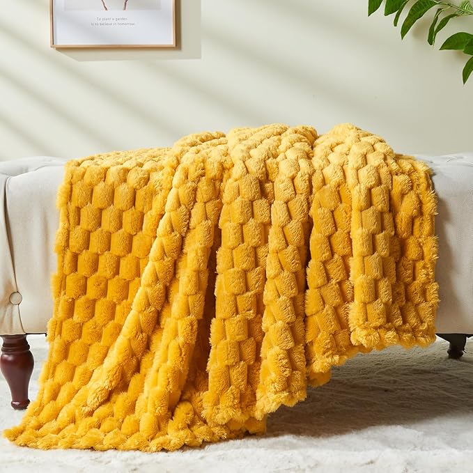 NEWCOSPLAY Super Soft Twin Blanket Mustard Yellow Premium Silky Flannel Fleece 3D Clouds Stylish Jacquard Lightweight Bed Blanket All Season Use 350GSM (Mustard Yellow, Twin(60"x80"))