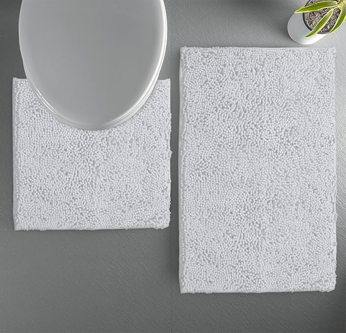 LuxUrux Bathroom Rugs Sets 2 Piece: Quick Dry, Soft Plush Anti-Slip, Super Absorbent. Includes Rectangular (31x20 inches) & U-Shaped Toilet Mat (20x20 inches) | White