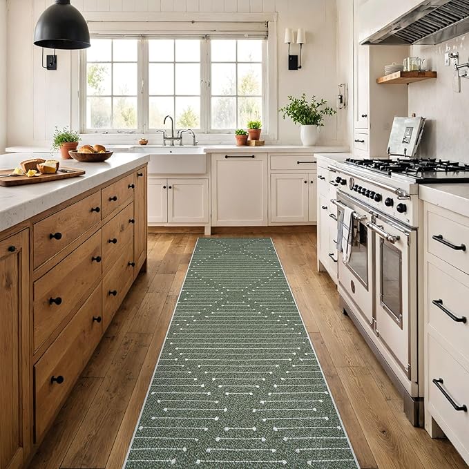 LIVEBOX Green Runner Rug for Kitchen 2x8, Boho Washable Runner for Hallway, Moroccan Cotton Long Entryway Area Rug Indoor Carpet for Bedroom Laundry Doorway Entry(Green & White)