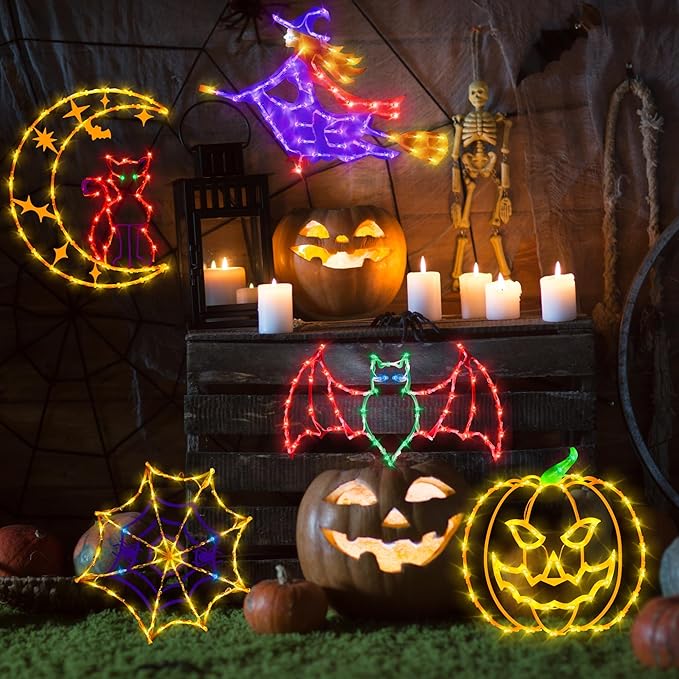 Halloween Decorations - 16" Halloween Window Silhouette Lights - 4 Pack Colour Lighted Cat on Moon & Witch & Pumpkin & Spider Web for Holiday Indoor and Outdoor Wall Door Window Decorate