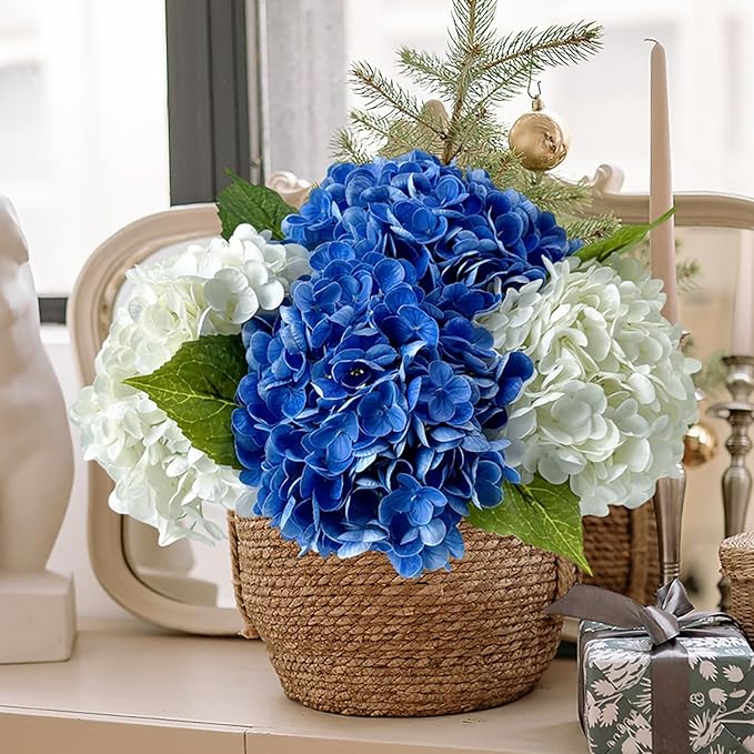 YalzoneMet 4Pcs Real Touch Hydrangea Artificial Flower Natural Lifelike 21'' Latex Long Stem Latex Hydrangea Flower Bouquets for Home Party Wedding Table Centerpiece Decor(2 White+2 Dark Blue)