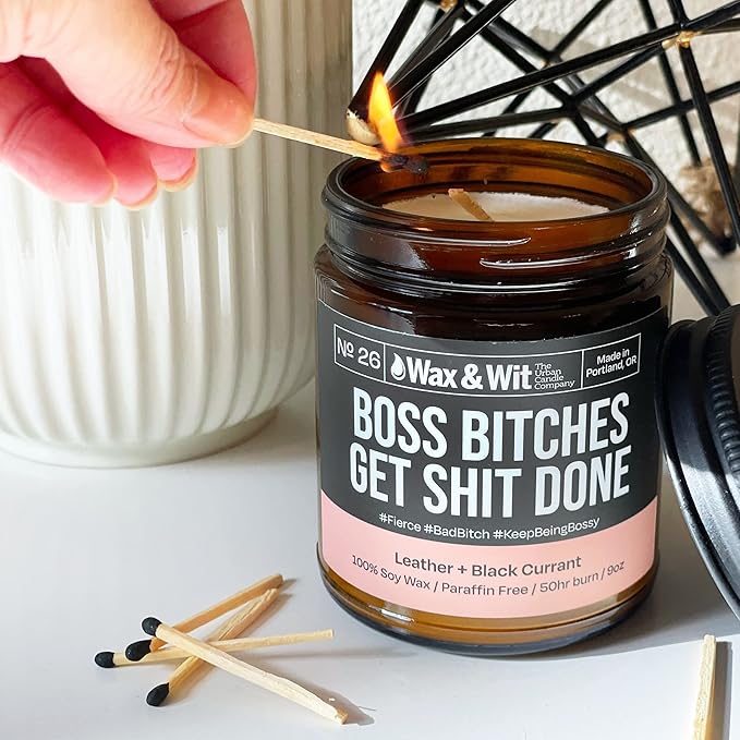 Wax & Wit Funny Soy Candle Gift for Women - Humorous, Aromatherapy Soy Wax Candle, Ideal for Housewarming, Coworker, Birthday – Leather and Black Currant - 9oz