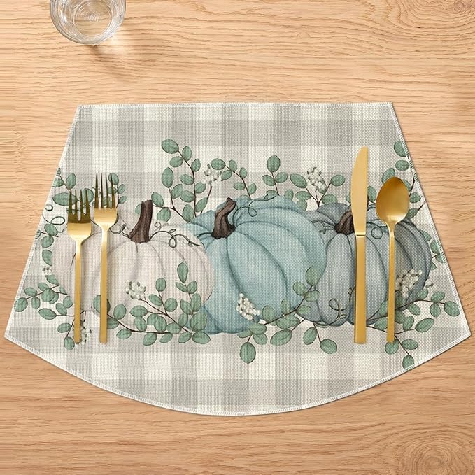 Artoid Mode Bule Buffalo Plaid Pumpkin Leaf Round Table Wedge Placemats Set of 4, Seasonal Fall Kitchen Dining Table Decoration for Indoor Party Home