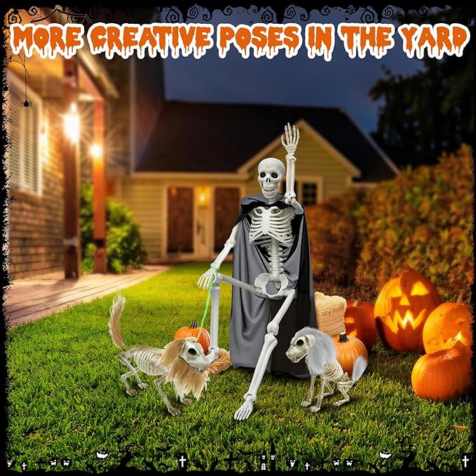 Askill 36" Skeleton Halloween Decorations, 3FT Posable Skeleton with Furry Dog & Wolf Skeleton - 3 in 1 Creepy Plastic Movable Joint Skeleton for Halloween Party Yard Decor - 36inch