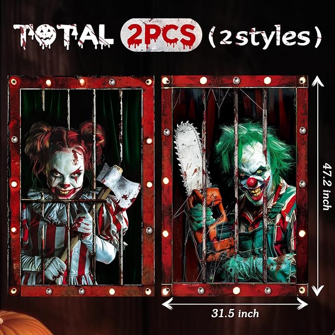 2 Pcs Halloween Clown Scary Curtain Halloween Window Silhouette Decoration Blood Ghost Window Cover Horror Theme Window Poster for Indoor Outdoor Party Wall Garage Door Decor
