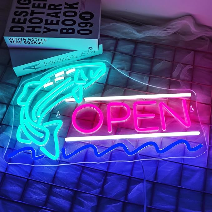 NEONLOVE Fish Neon Sign Fish Shop Neon Open Signs for Business Open Neon Signs Acrylic Fish Neon Light Sign for Fish Shop Supermarket Salmon Shop Open Light Up Sign Fish LED Neon Sign for Wall Decor