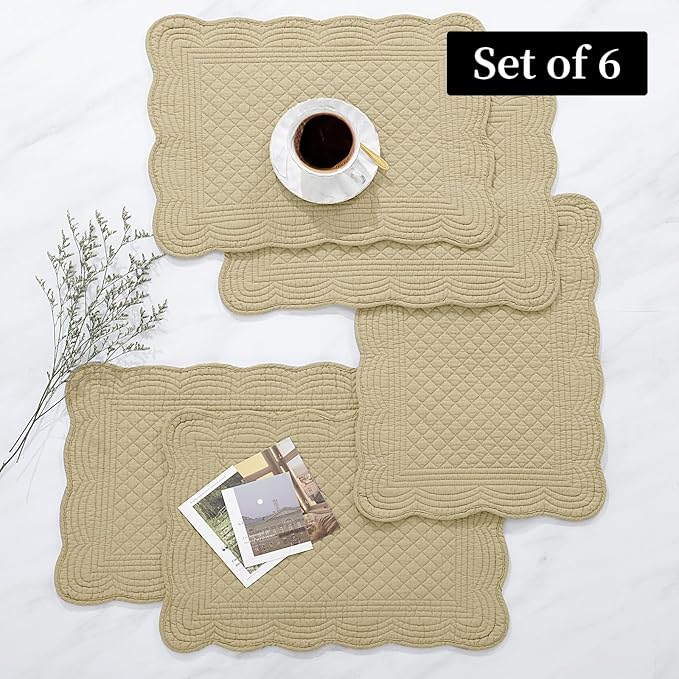 HOMBYS Quilted Placemats Set of 6 Washable-13x18 inches Rectangular Placemats for Kitchen Table-100% Cotton Fabric Rectangular Table Mats, (Khaki)
