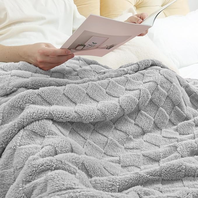 Exclusivo Mezcla Fleece Throw Blanket for Couch,Super Soft and Warm Lightweight Checkered Pattern Blankets for All Seasons, 50x60 Inches, Light Grey