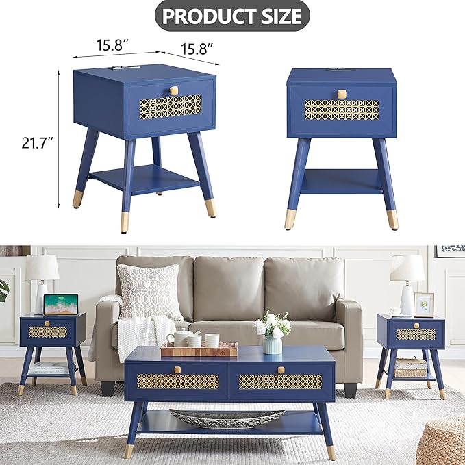 Mid Century Modern End Table for Living Room, Small Side Tables with Charging Station, Outlets and USB Ports, Blue Wood Nightstand with Storage Drawer and Open Shelf
