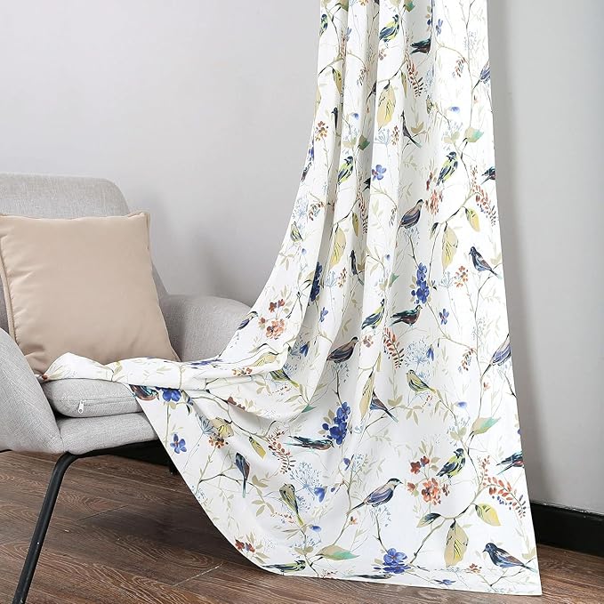 Leeva Living Room Curtains 63 Inch Length, Light Filtering Window Treatments for Bedroom, Linen Textured Blue Birds Patterned Living Room Curtains for Window, Grommet, 42 x 63 Inches