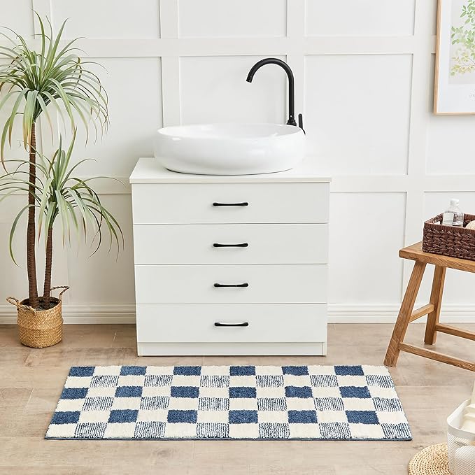 CozeCube Checkered Bath mats for Non Slip, Fluffy Absorbent Microfiber Bath mat Washable, Aesthetic Bathroom Rugs, Cute Bath mat for Shower Sink, Dark Blue, 24" x 16"