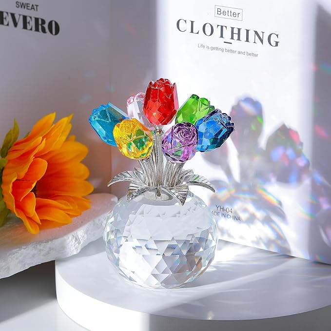 Colorful Rose Flower Crystal Figurine with Vase, Bouquet Flowers Ornament Gifts for Wife Girlfriend Women, Handmade Crystal Flower Collectible Home Table Decor for Valentine's Day Wedding Anniversary