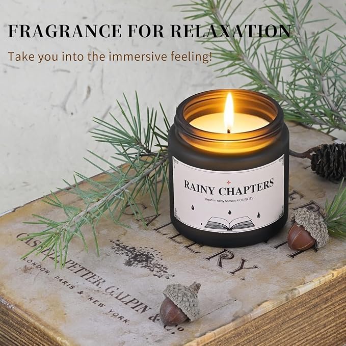 Rainy Chapters Scented Jar Candle - 100% Soy Wax Aromatherapy Candle with Juniper & Cedar Notes, Long-Lasting Fragrance for Home, Relaxation Romantic Ambience (4oz, 20-Hour Burn Time)