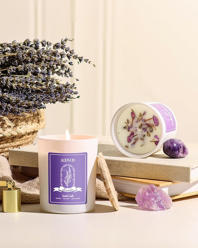 AOOVOO Lavender Scented Candle Set 2 Pack - Aromatherapy Candle with Crystals Inside, 14oz Soy Candles for Home Scented, Birthday Gifts Mothers Day Candle for Women Mom