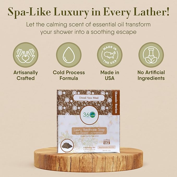 360Feel Dead Sea Mud Soap - Handcrafted Castile Soap Bar with Soothing Scent - Handmade with Essential Oil - Suitable Gift for Anniversaries, Weddings, and Holiday Stockings - Rich Lather