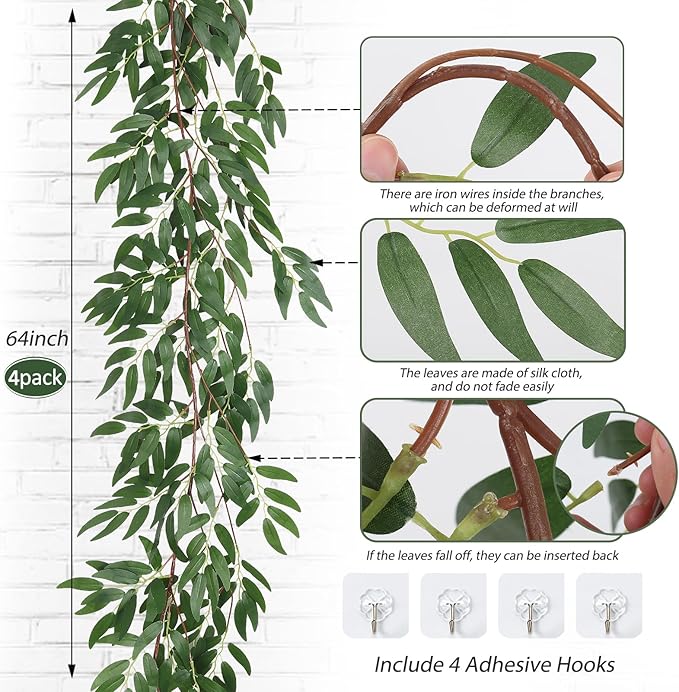 4Pcs Artificial Willow Leaves Vine Twigs 5.7Ft Silk Willows Leaf Ivy Garland Faux Greenery Ivy Plant Decoration for Indoor Outdoor Wedding Jungle Beach Birthday Party Garden Table Spring Summer