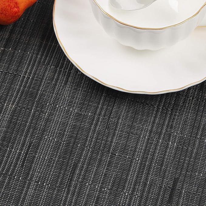 SHACOS Small Round Table Placemats Wedge Placemat Set of 4 Non Slip Heat Resistant Woven Vinyl Table Mats Wipe Clean Indoor Outdoor (4, Black Gray)