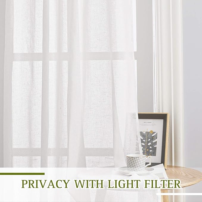 NICETOWN White Flax Linen Sheer Bedroom Curtains Grommet, Decorative Window Treatment Draperies Privacy with Light Through for Kitchen/Nursery/Bathroom,W52 x L54, Sold as 2 Panels
