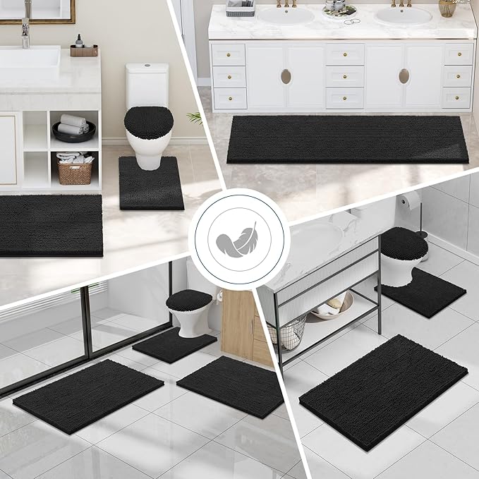 Smiry Luxury Chenille Toilet Rugs U-Shaped 24x20, Soft Absorbent Non-Slip Contour Bathroom Rugs for Toilet, Machine Washable Contoured Bath Mats, Black